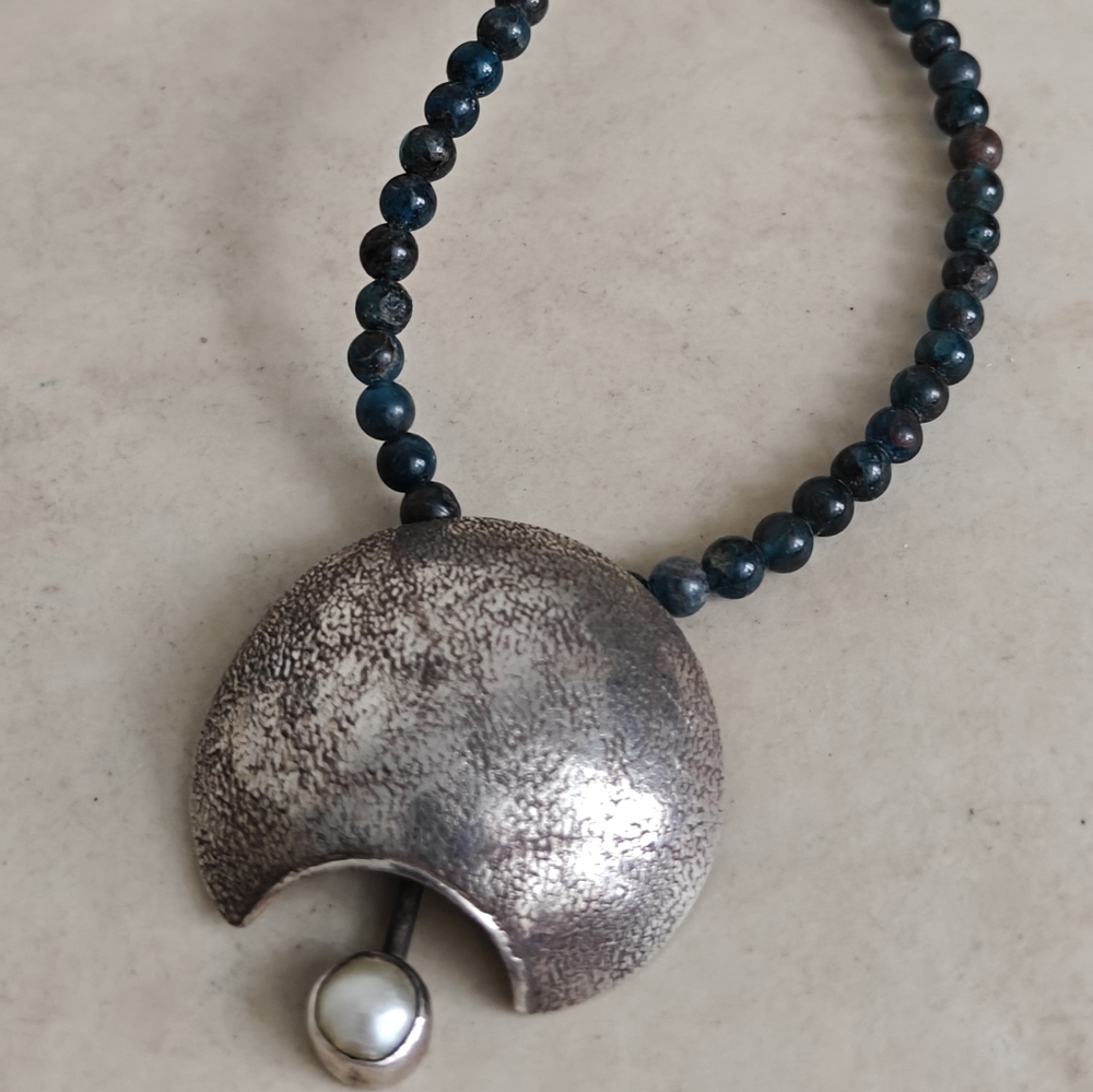 Modernist Sterling Silver and Genuine Apatite Beads Necklace Signed - Picture 5 of 15